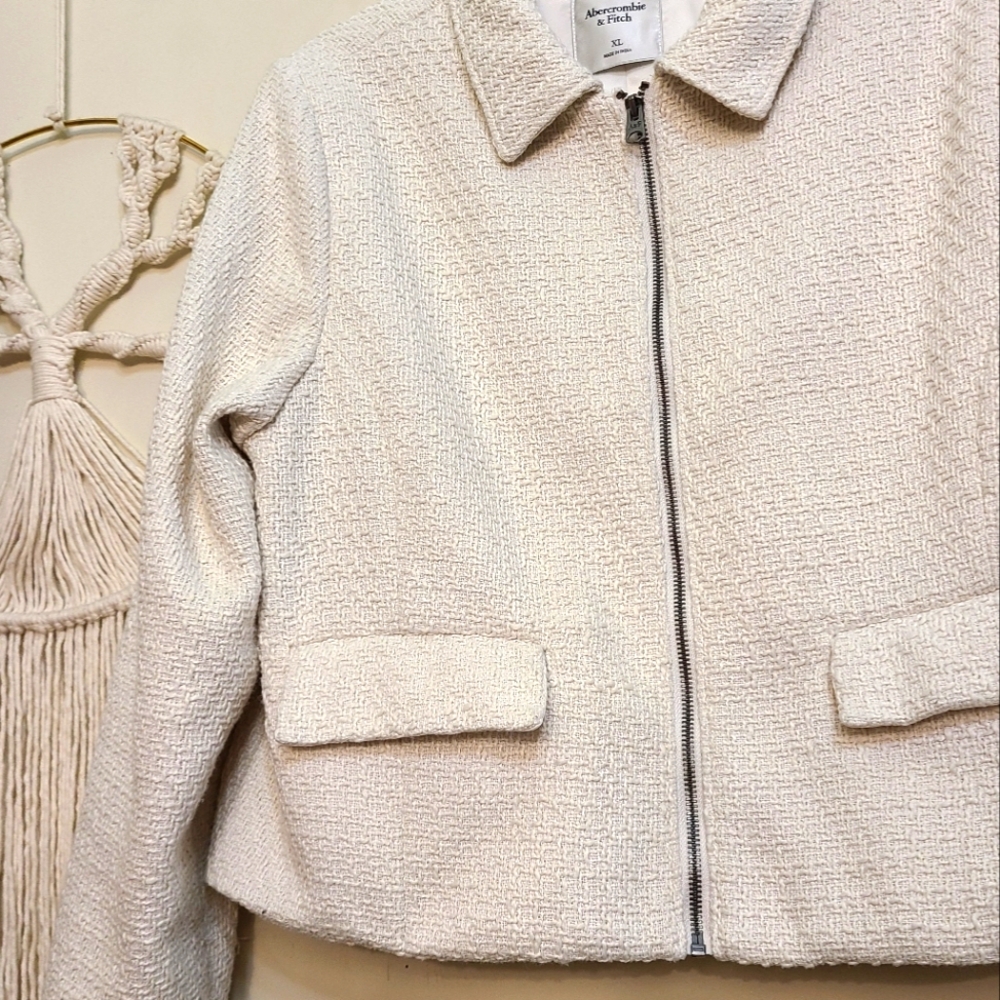 Abercrombie & Fitch Tweed Crop Jacket In Cream Size XL - Picture 4 of 8